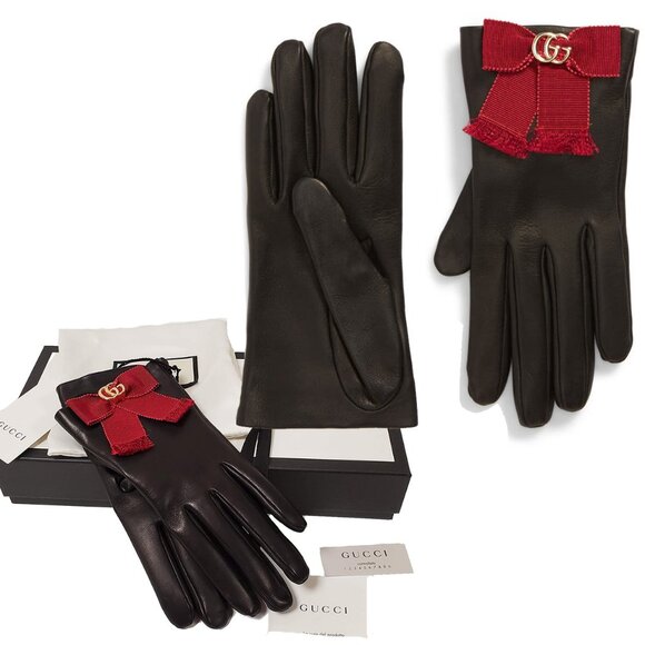 GUCCI GLOVES 434223 BLACK LEATHER GROSGRAIN BOW G LOGO sz S / 7 - Picture 1 of 16